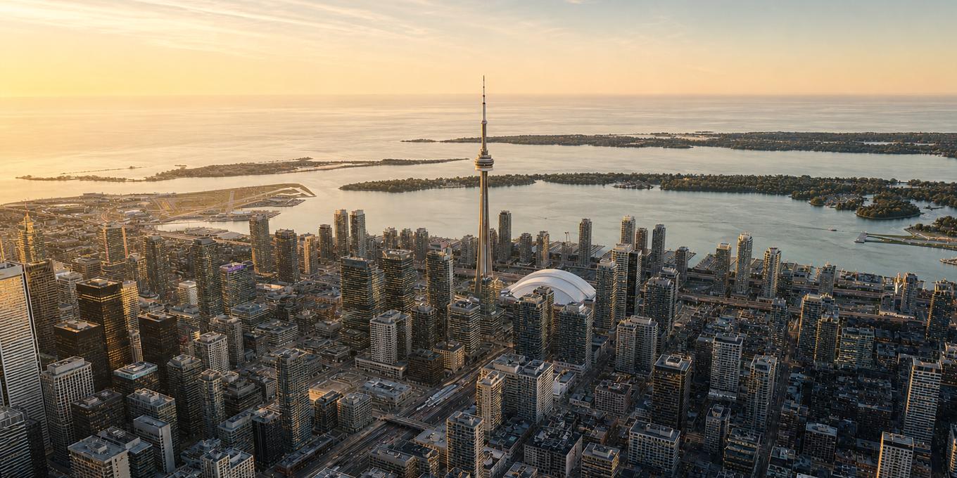 Downtown Toronto from the air at sunset, the CN Tower and the Rogers Centre standing over the financial district, with Lake Ontario and the Islands beyond