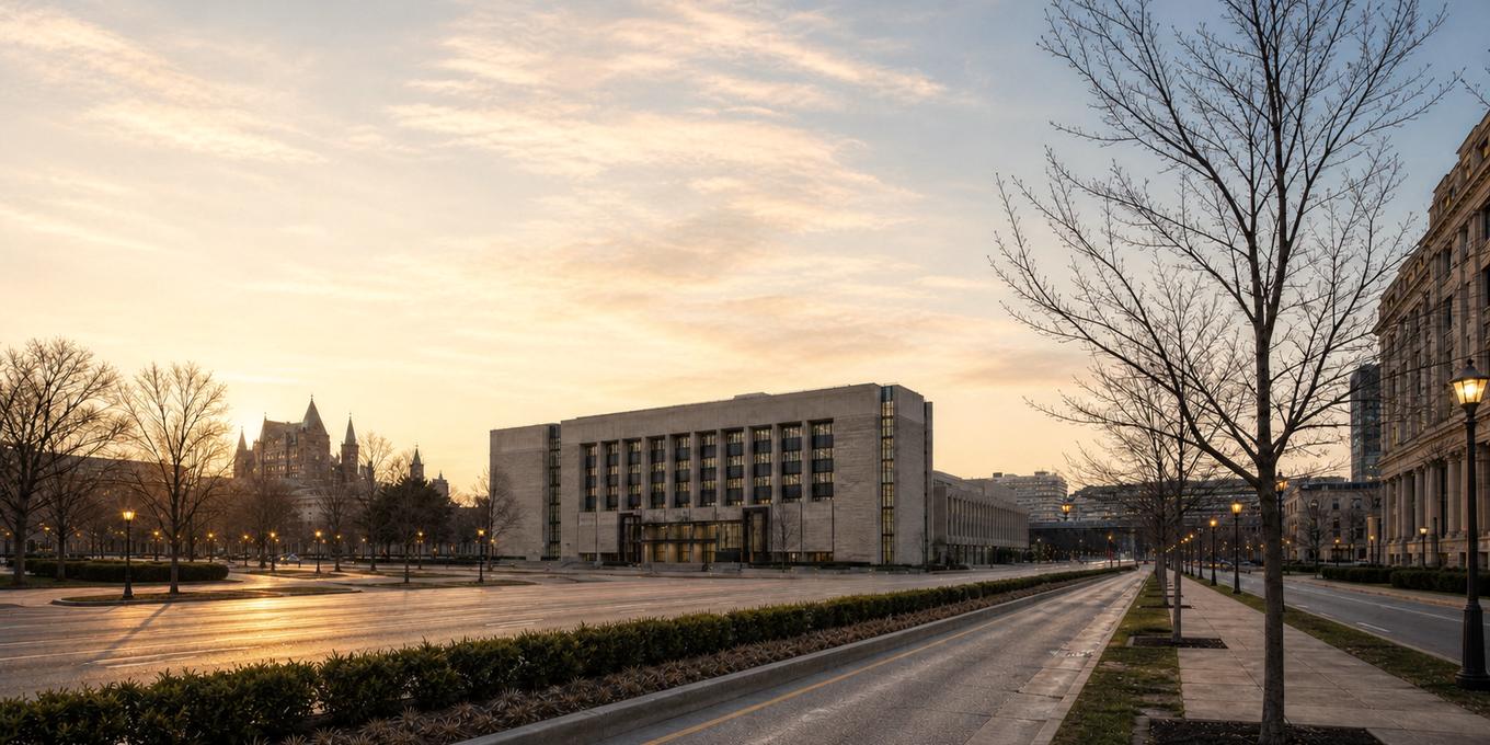 A courthouse at first light, set back behind a wide avenue lined with bare winter trees