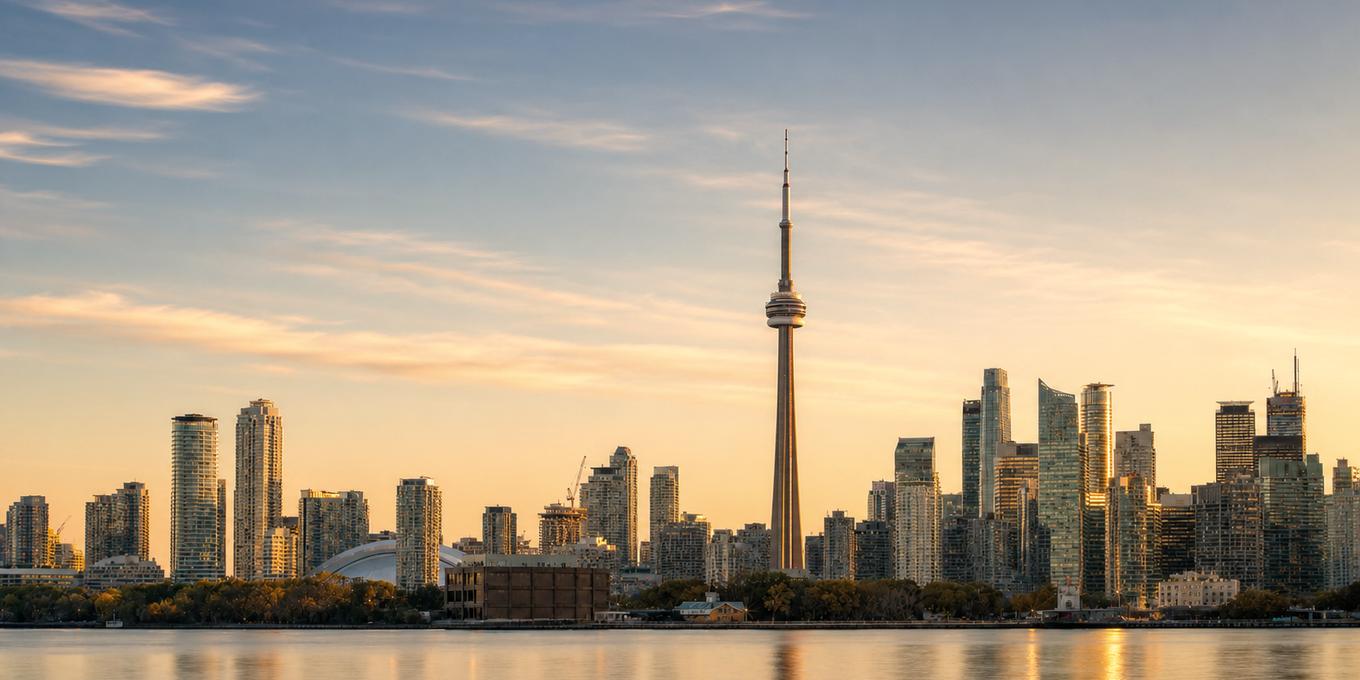 The Toronto skyline at sunset seen across the harbour, the CN Tower at its centre and the Rogers Centre dome to the left