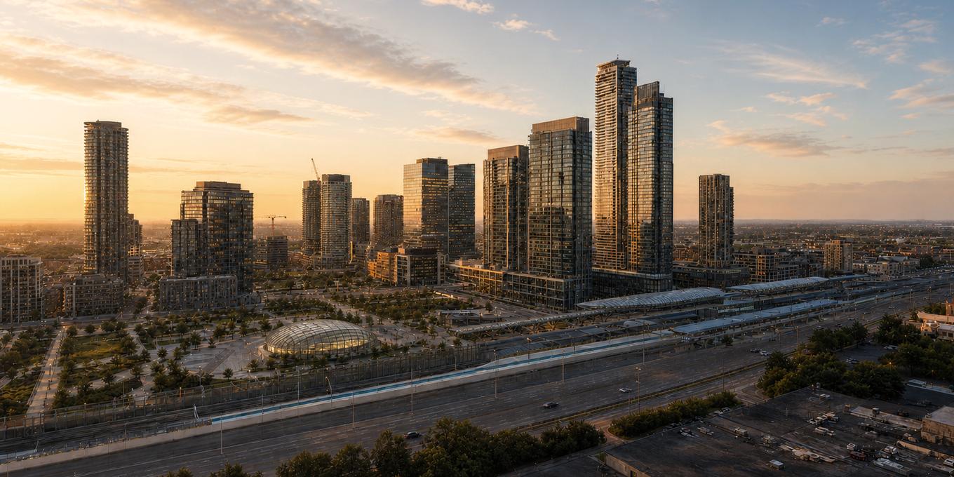 A cluster of new towers at sunset, standing above a rail corridor and highway with low-rise streets running to the horizon